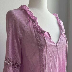 Esqualo Orchid Rose Crinkle-Gauze Boho Peasant Blouse with Crochet Trim – US 6